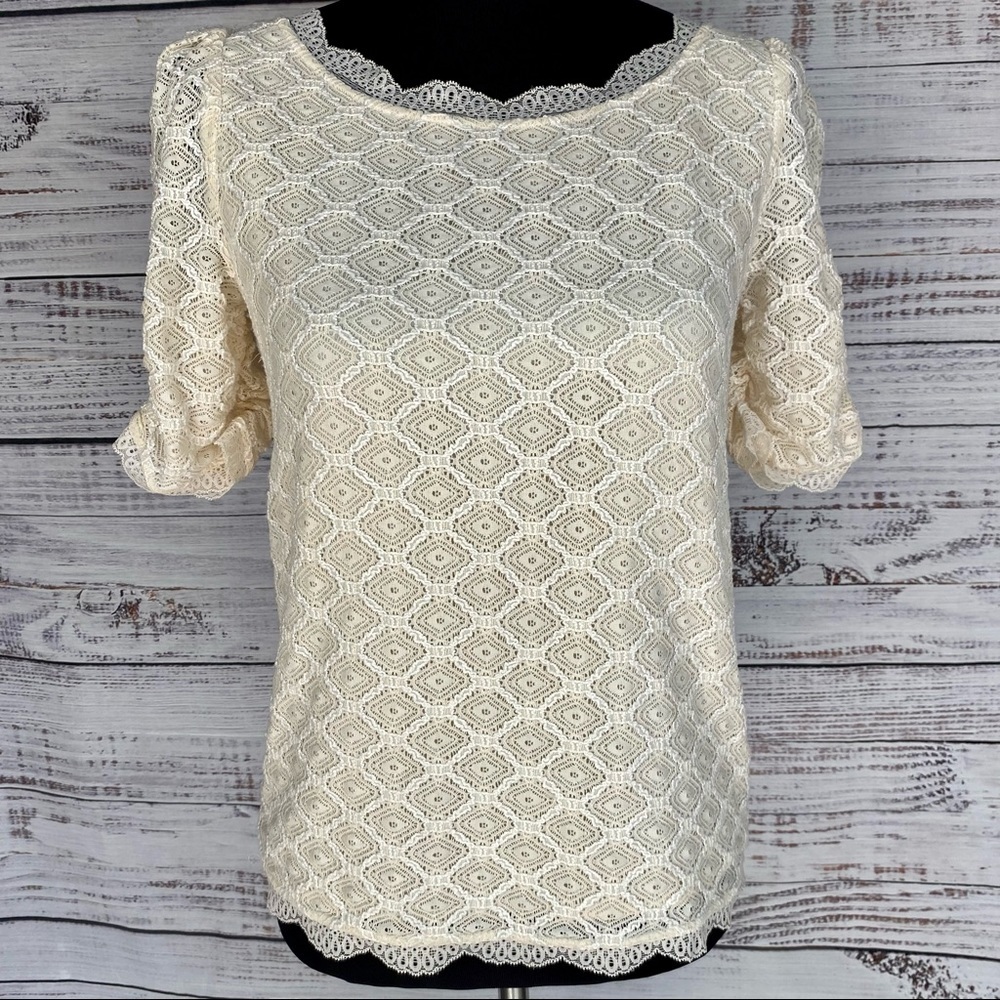 Joie Tullia Geo Lace Cream Short Sleeve Blouse Top